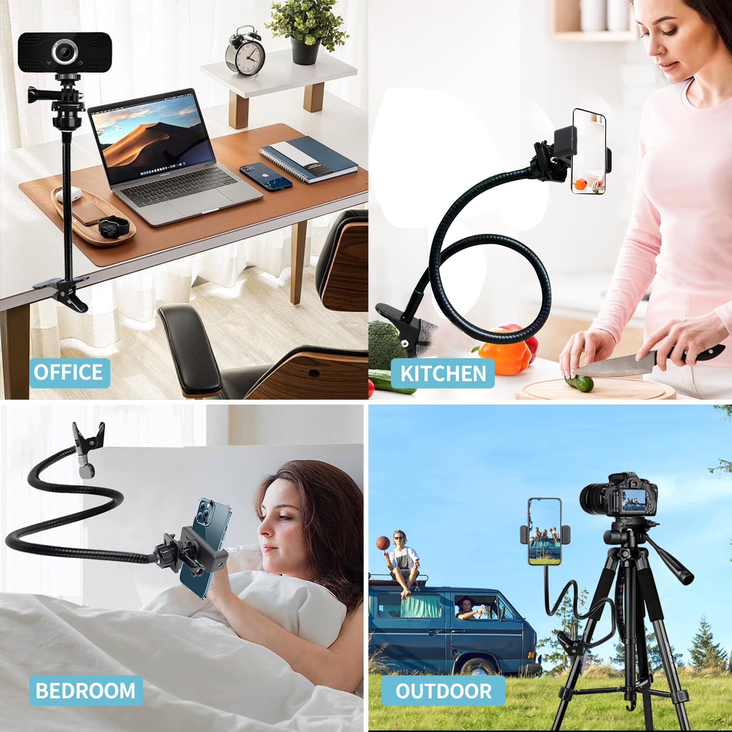 Support pour Webcam, Support Telephone Lit, Support Téléphone avec Col de Cygne Flexible Long Bras Rotation 360° Réglable pour iPhone Samsung Huawei, Webcam