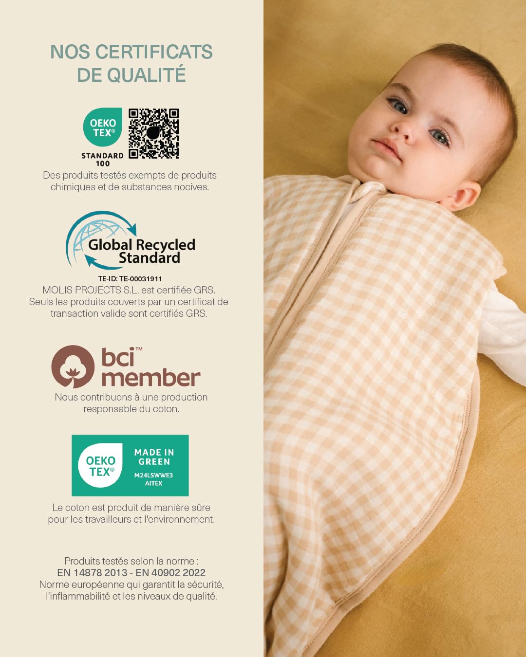 molis&co - Gigoteuse pour bébé - Gigoteuse Bébé Tog 1 - Mousseline de Bambou Première - Changement de Couche à accès à Zip Facile - Turbulette pour Bébé, Fille Garçon - Vichy Sand (6-18 mois)