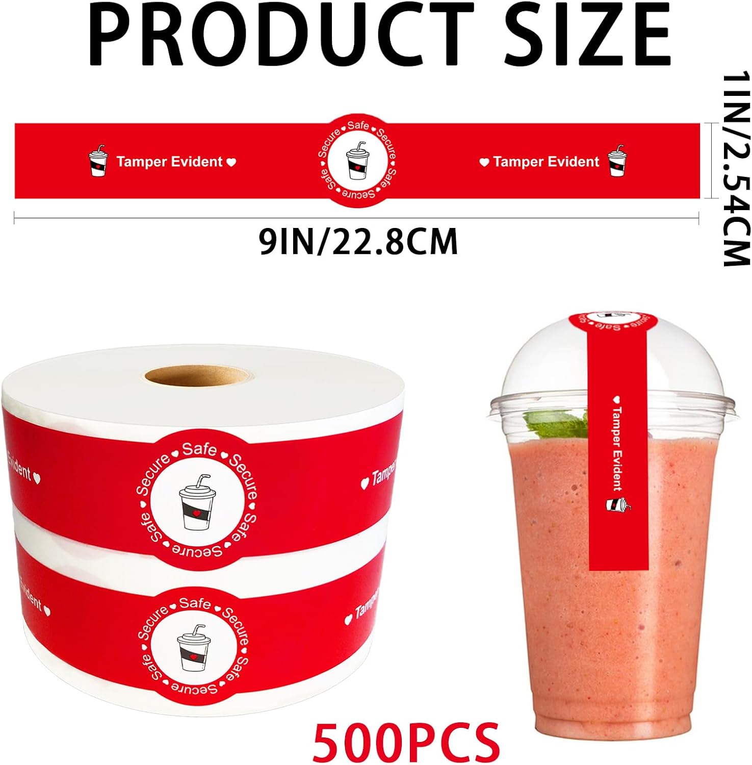 Safe Secure Tamper Evident Seals Stickers for Drink Lids 1.25" x 9" Food Delivery Stickers 500 Pcs Freshness Labels for Coffee Milk Tea Ice Cream Drink Lids Food Seal