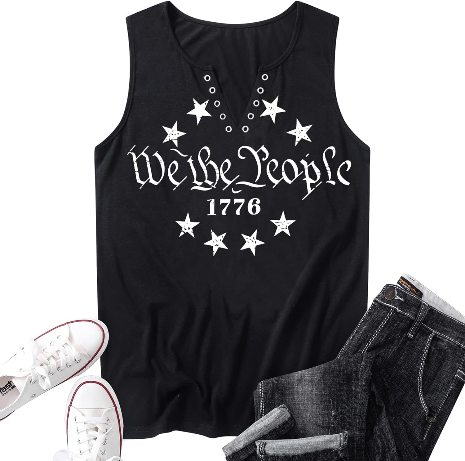MHTOR We The People 1776 V Neck Tank for Women 4th of July Patriotic Shirt American Flag Sleeveless Graphic Tees Tanks - Image 5