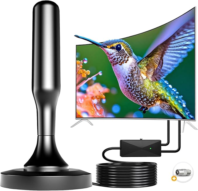 Indoor TV Aerial with Signal Booster, Digital Aerials for Smart TVs with Long Range Reception - Portable TV Antenna for 4K/1080P Freeview Channels - Includes Magnetic Base & 16.4ft Coaxial Cable