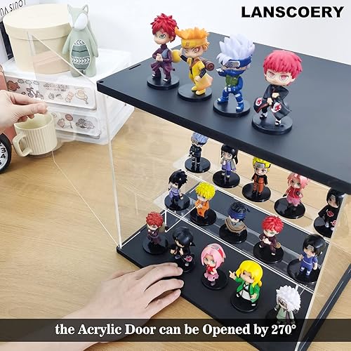 Miniatura 9 de LANSCOERY Vitrina de acrílico transparente con luz, soporte de 4 niveles con base negra, escaparate de protección a prueba de polvo para figuras