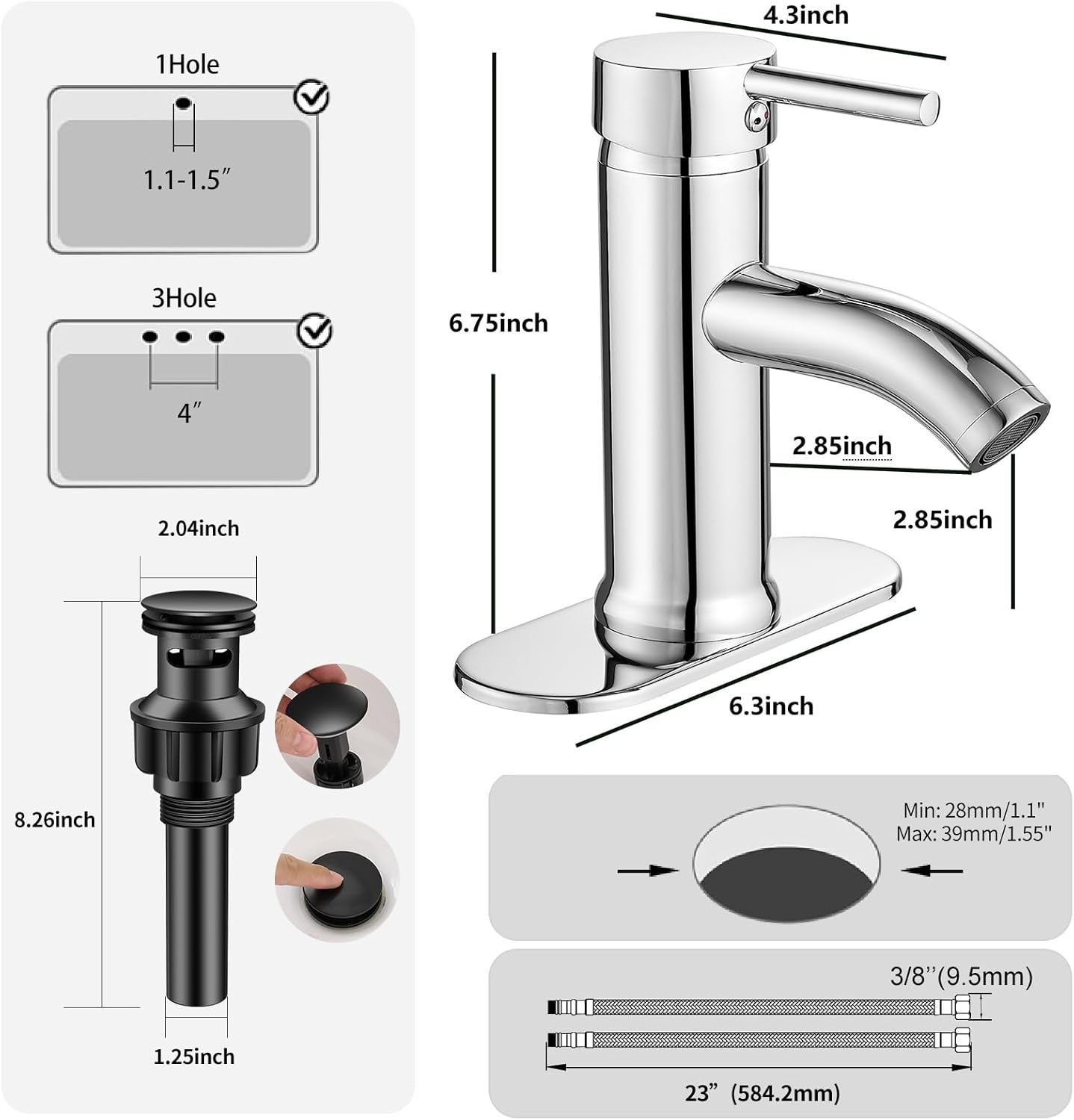 Chrome Bathroom Faucets Single Hole Bathroom Sink Faucet Modern Single Handle Bathroom Faucte 1 or 3 Hole, RV Sink Vanity Faucet (with Drain, Chrome)