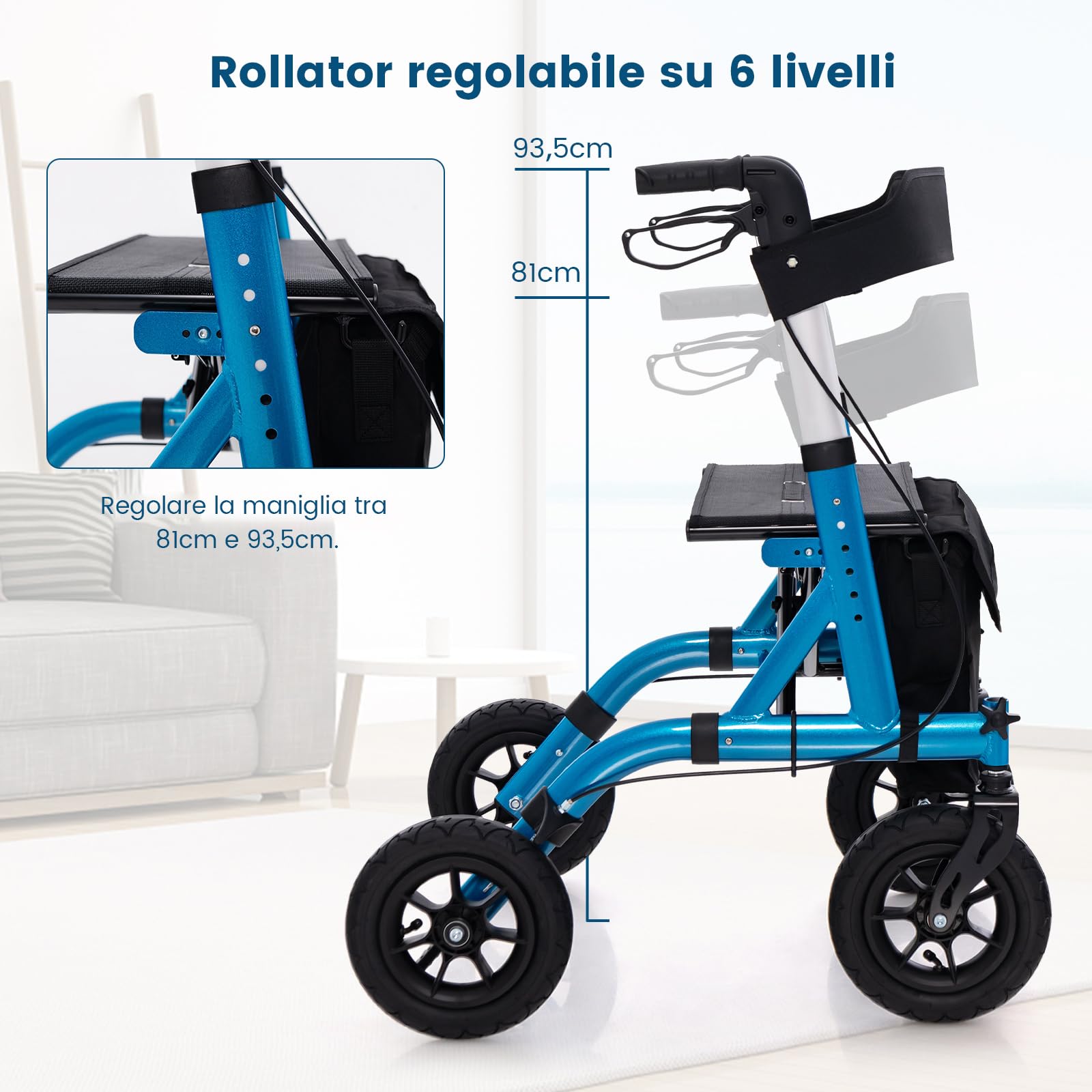 COSTWAY Deambulatore con Seduta 2 in 1, Rollator Pieghevole per Anziani con 4 Ruote, Maniglie Regolabili in Altezza 81-94cm, Portaombrelloni e Borsa Portaoggetti, Carico Massimo 160 kg (Blu)