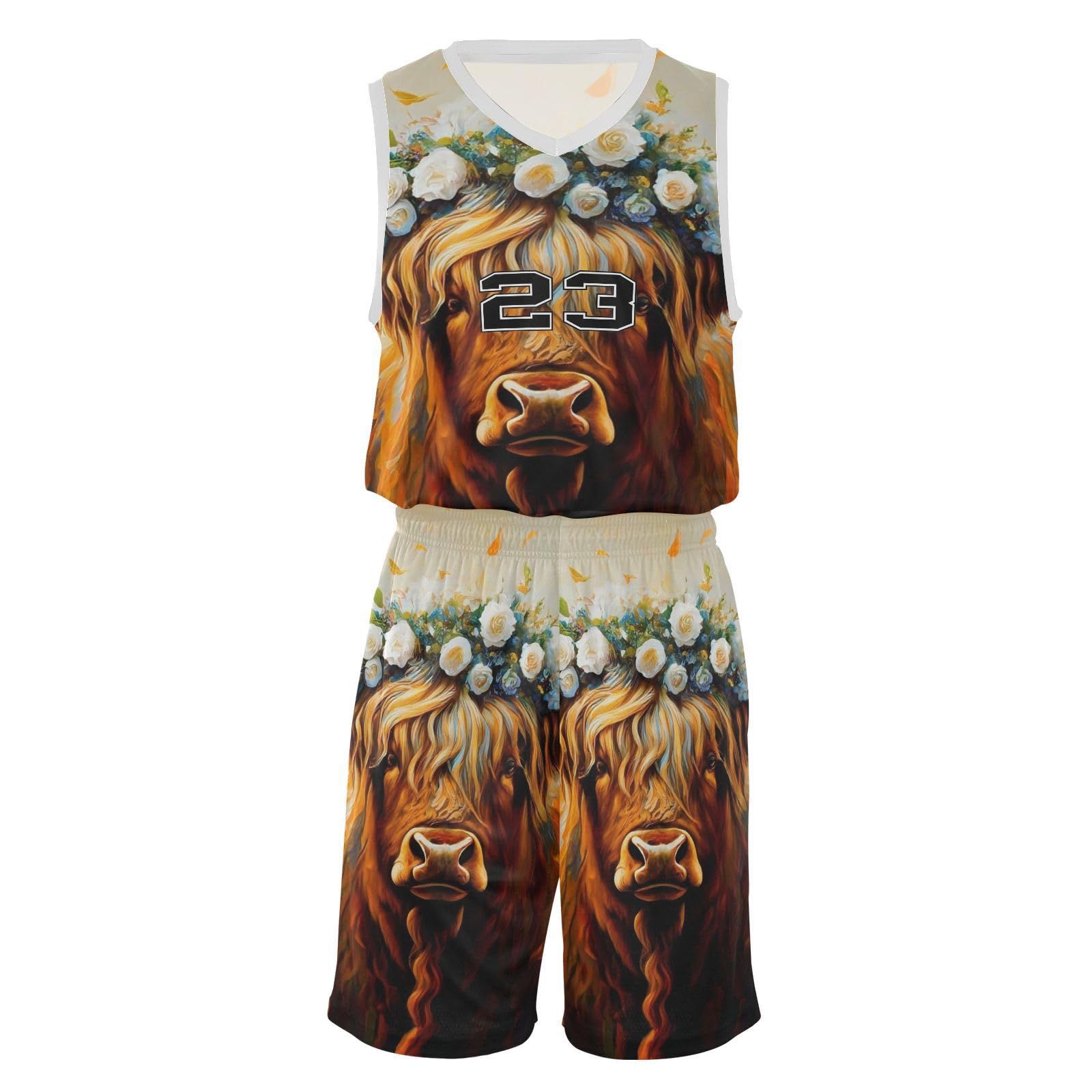 FLildon Highland Cow with Flowers Boys Basketball Jersey Set Tank Top Shorts Tracksuit Sport Training Suit for Kids