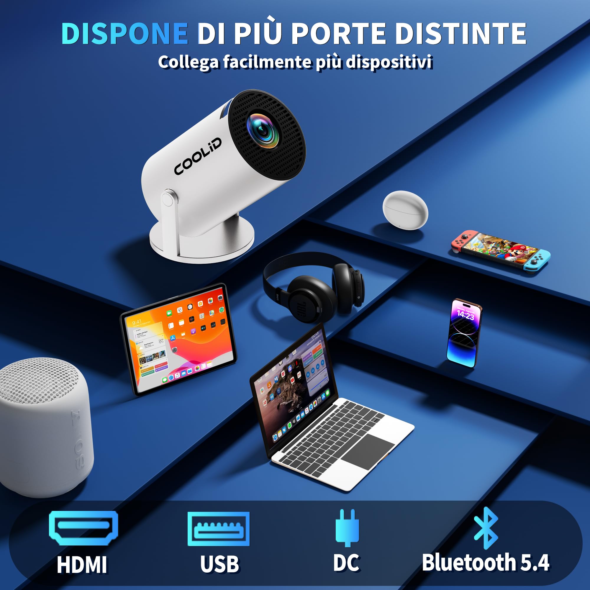 Mini Proiettore [App Integrata & 2026 Upgraded] Proiettore Portatile 4K 1080P con 5G WiFi 6 e BT 5.4 Supporta Rotativo 180° Correzione Trapezoidale Automatica Applicabile TV Stick/USB/HDMI,Bianco
