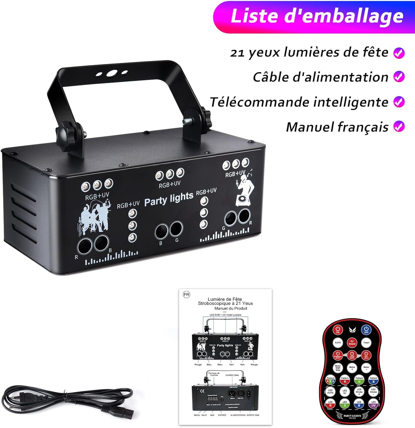 Fwiull Party Light package contents including the light unit, power cable, remote control, and manual.