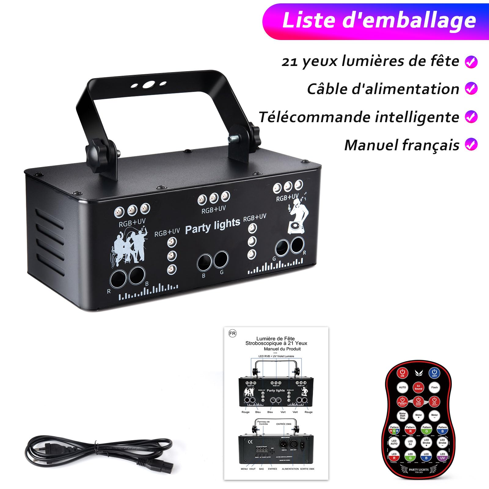 Fwiull Lampes Fête Professionnelles, 21 Lentilles Lumiere Soirée, DMX 512 d'Effets Lumière, Lumière Disco RGB UV à Commande Vocale, Lampe de Scène Télécommande Halloween, Fête, Noël ‎YSH-503 Noir