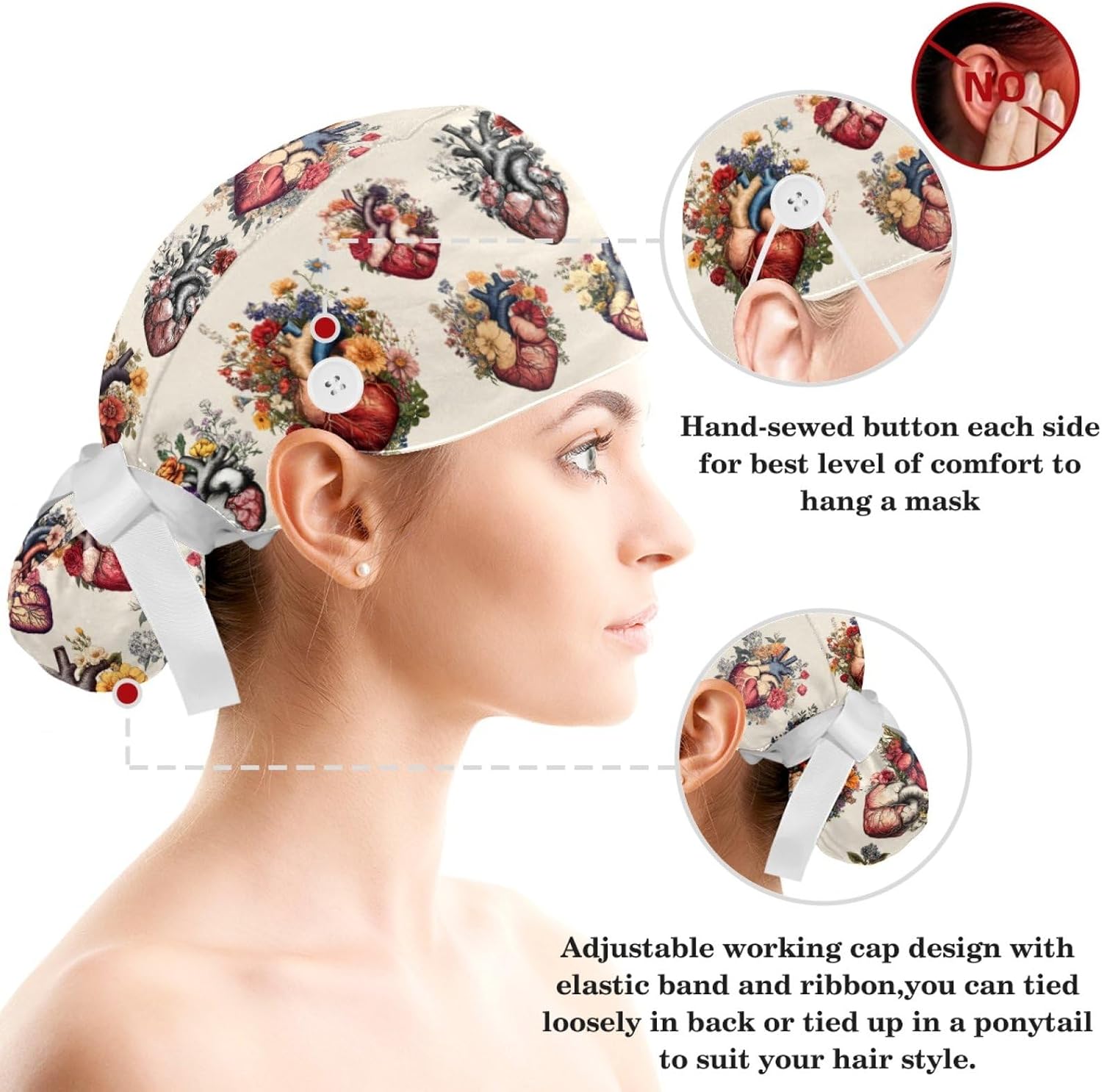 Surgical Caps for Women, Hearts, Bouffant Nurse Cap Ponytail