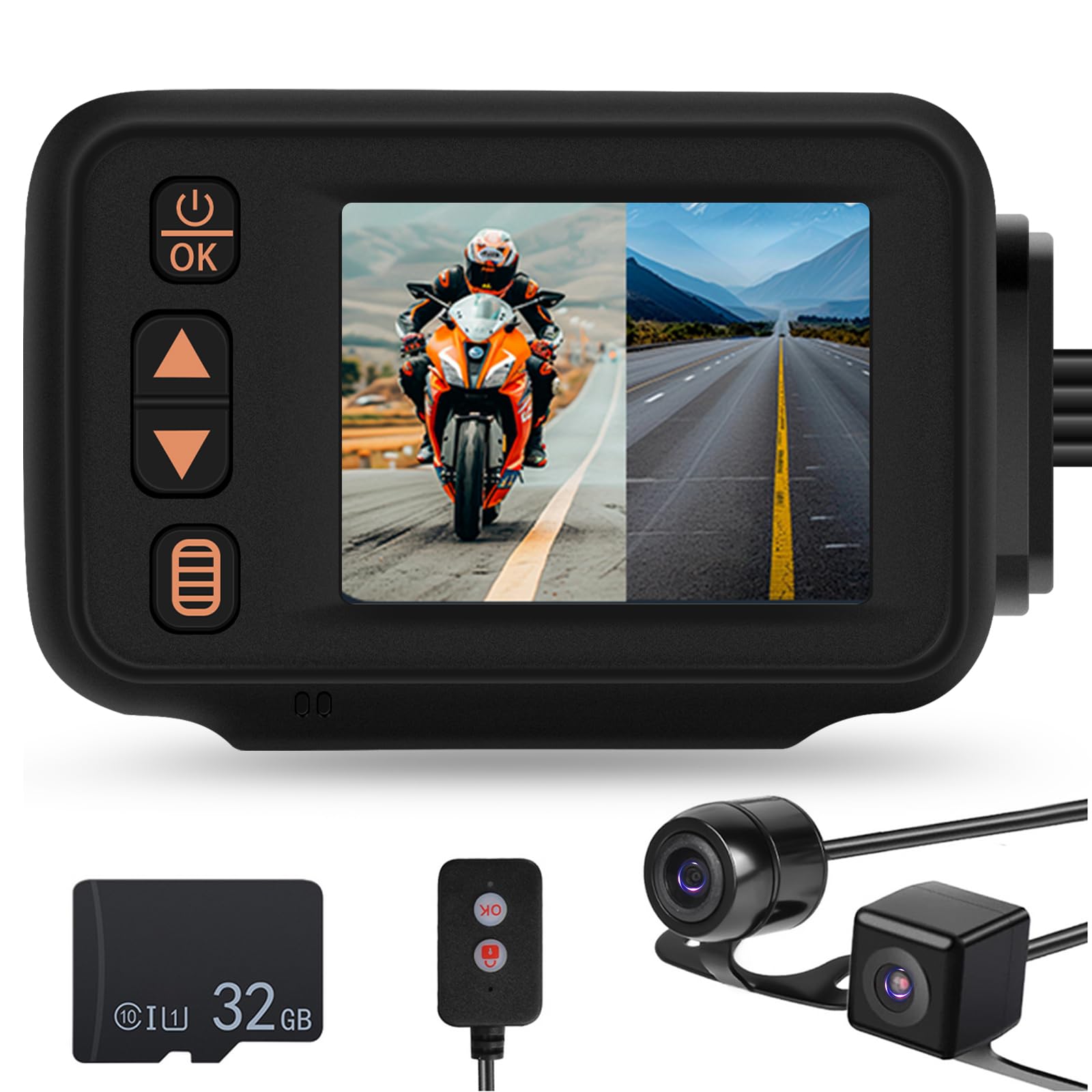 METEESER Motorcycle Dash Cam main unit with features highlighted