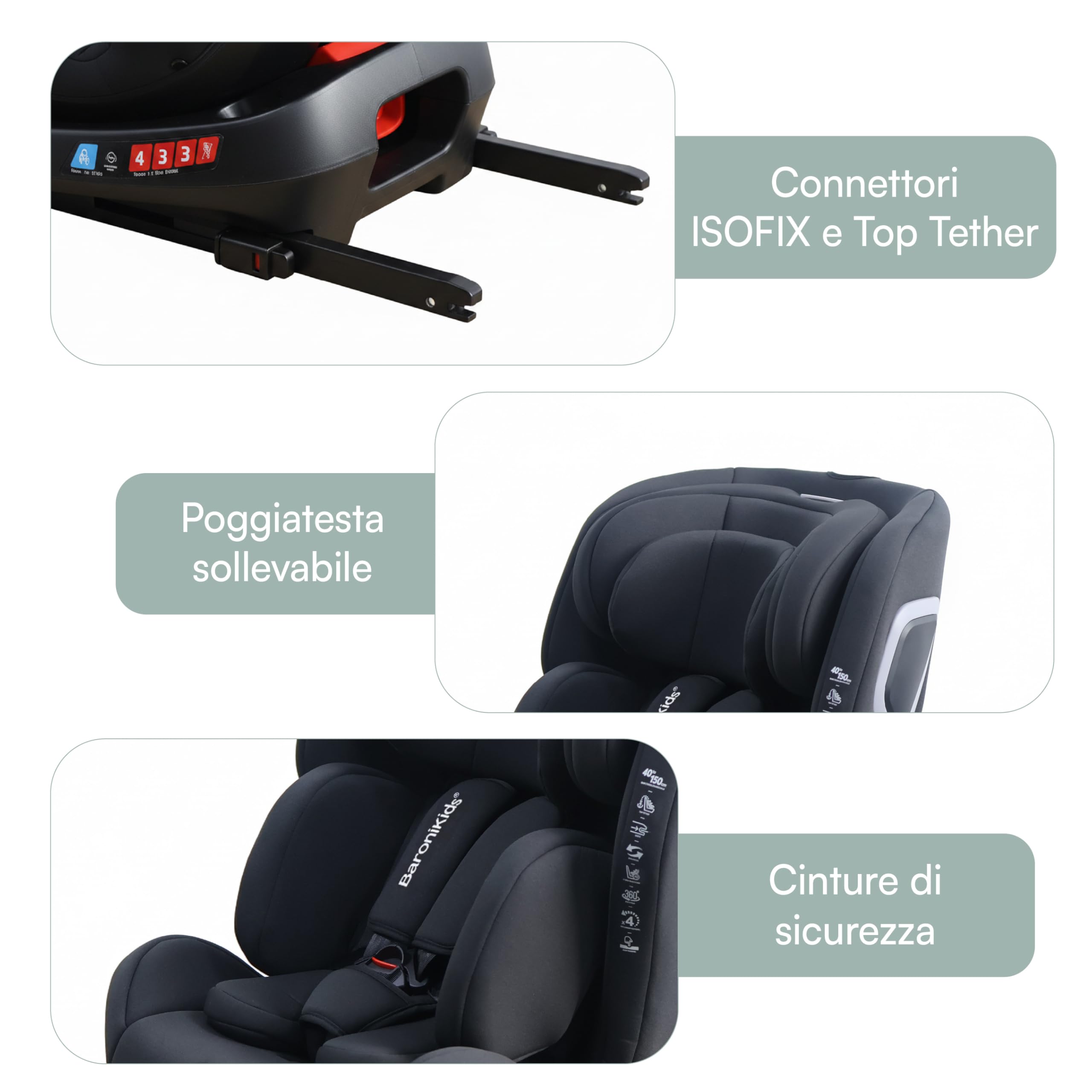 Seggiolino Auto i-Size 40-150 cm ISOFIX Girevole 360° Reclinabile, Dalla Nascita fino a 12 Anni (Standard + Isofix)