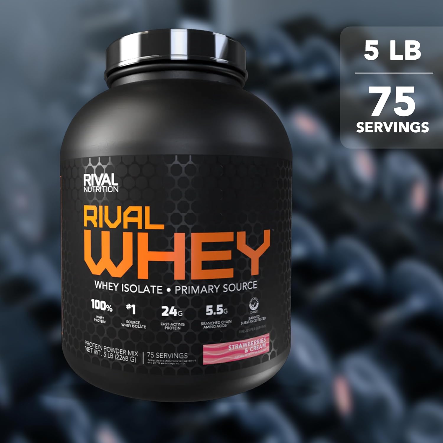 Rival Whey Strawberry & Cream Protein Powder 5 Lb, 75 Servings I 100% of Protein from Whey I Isolate Primary Source I 24g Protein, 5.5g BCAAs Per Scoop I Recovery, Active Lifestyles