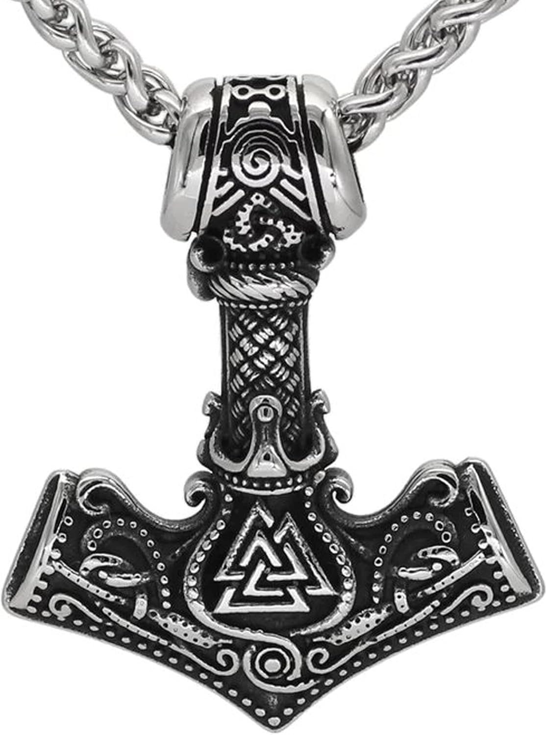 Fantasy Forge Jewelry Norse Valknut Thors Hammer Necklace Mens Silver 316L Stainless Steel Viking Pendant & Chain