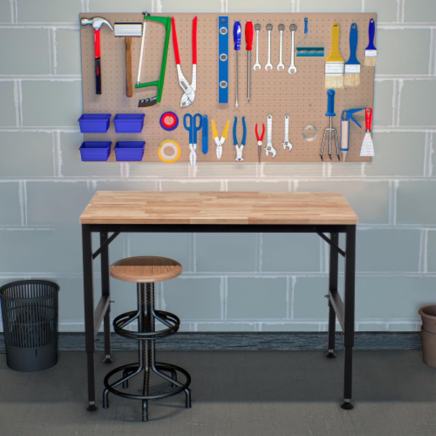 48" Heavy Duty Adjustable Garage Workbench, Rubberwood Workbench, Adjustable Steel Legs, Rubber Pads, Hardwood Workstation, Over 2000 Lbs, Wide Range of Applications