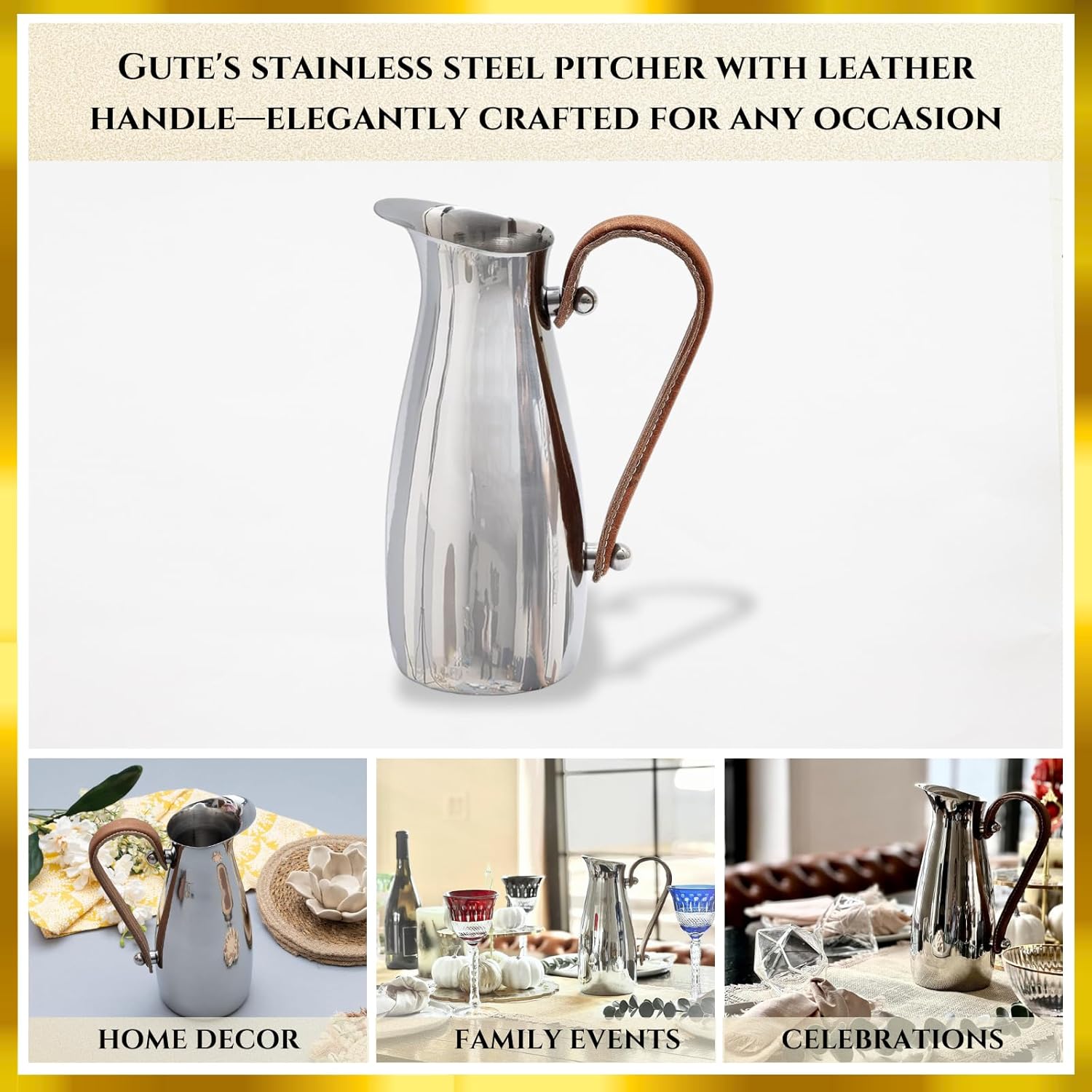Stainless Steel Silver Water Pitcher Carafe with Leather Handle 10"H by Gute - Elegant Mirror Finish Bell Shaped Jug, For Hot/Cold Water, Iced Tea, Coffee, Sangria, Lemonade, and Flowers 42oz Capacity - Image 4