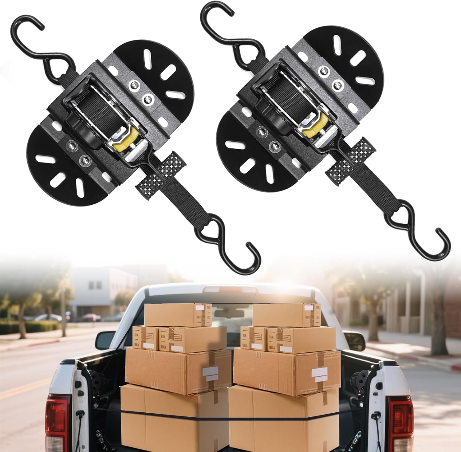 Retractable Ratchet Strap Compatible with 2015-2025 Ford F150 F250 F350 F450 F550, Truck Bed Cargo Auto Retractable Retracting Ratchet Tie Down Straps 2Pcs