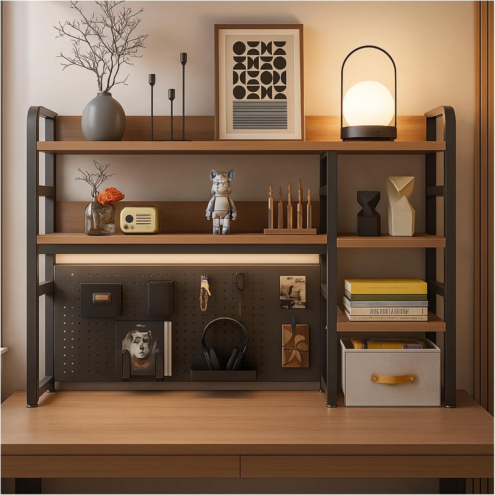 Desktop Bookshelf, pegboard Storage and Organization Rack, Dorm Desk Shelf, Desk Hutch, Desktop Storage for Office, Study, Student Display Rack,Desktop Shelves (Black+Walnut 37.4" Lx9.9 Wx37 H)