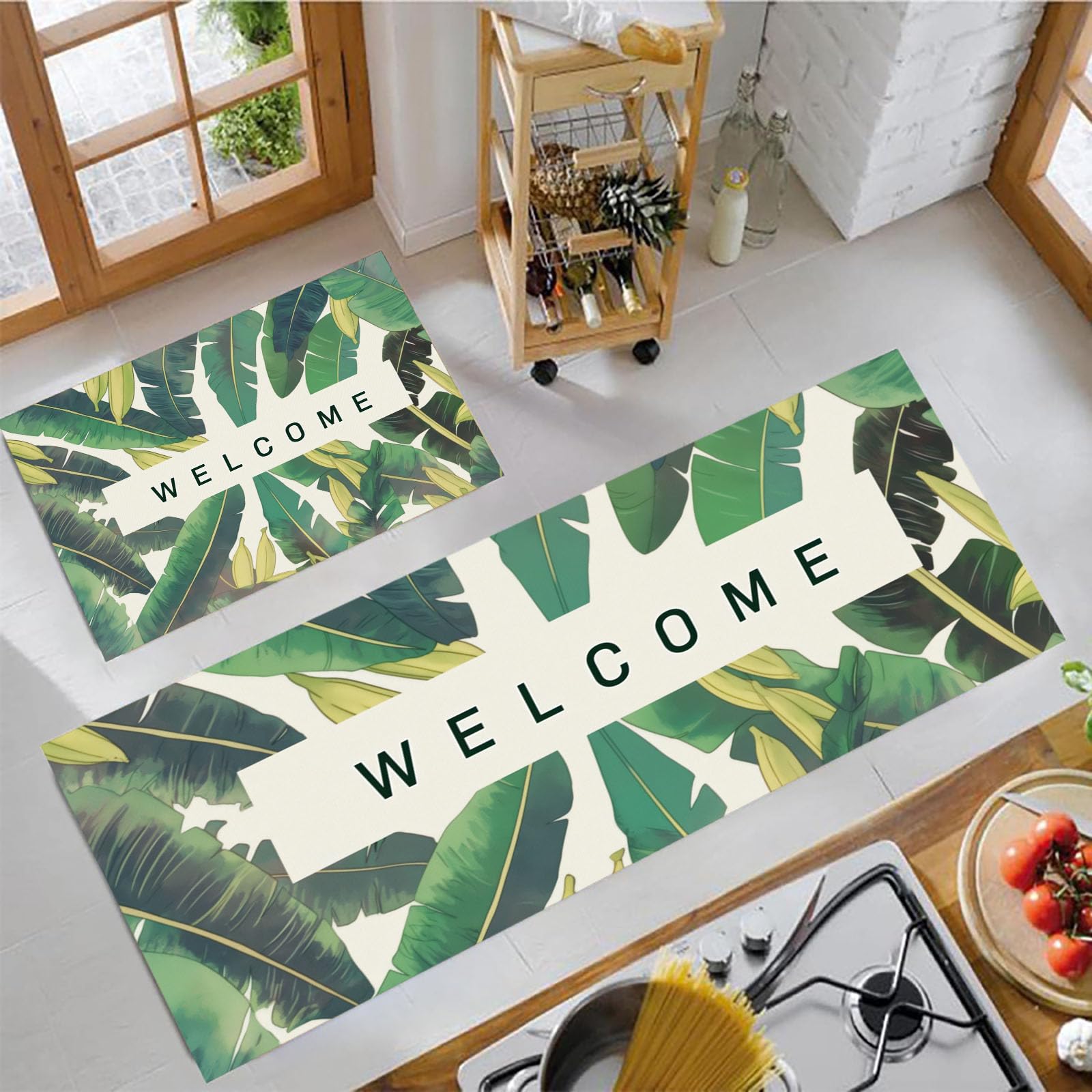 Tapis de cuisine antidérapant lavable avec stickers de fixation pour un sol sécurisé vert