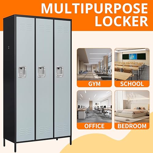 Miniatura 7 de NODHM Armario de almacenamiento de metal grande para empleados con 3 puertas, armario de metal de 72 pulgadas de alto para escuela, hogar,