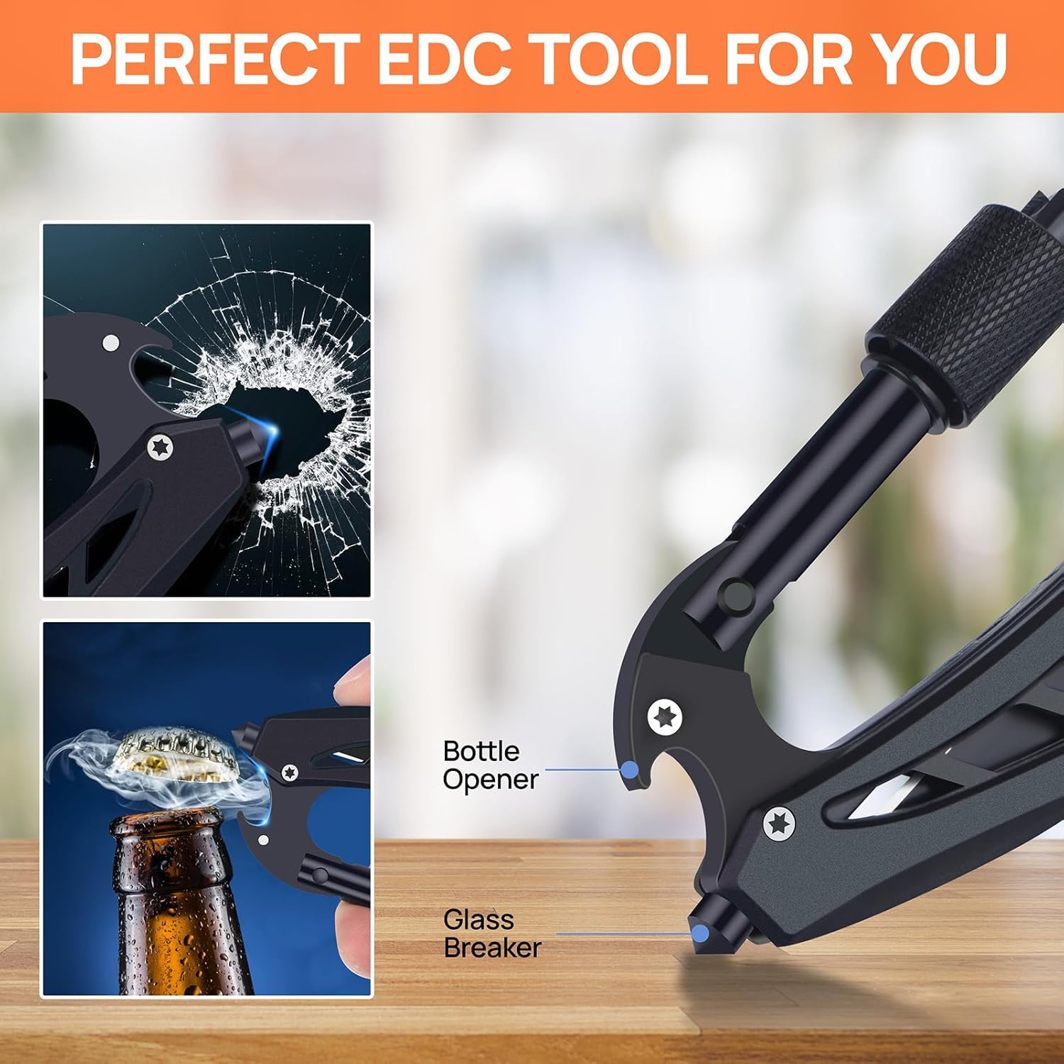 Multitool Carabiner with Pocket Knife, Gift for Men Him Dad Husband, 6-in-1 Multitool with EDC Carabiner Keychain,Bottle Opener,Window Breaker & Screwdriver,Cool Gadgets for Outdoor,Repair (Black)
