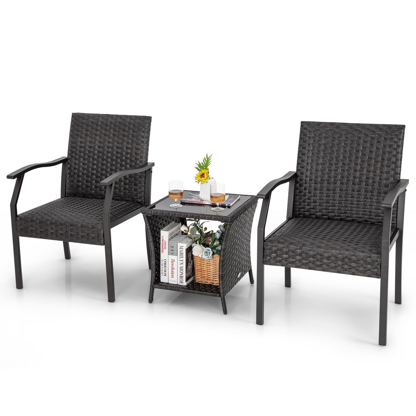 GIANTEX Set di mobili da giardino in rattan resistente alle intemperie, per balconi, balconi, mobili da giardino, set da 2 sedie con tavolo, mobili per 2 persone, set da giardino con seduta imbottita