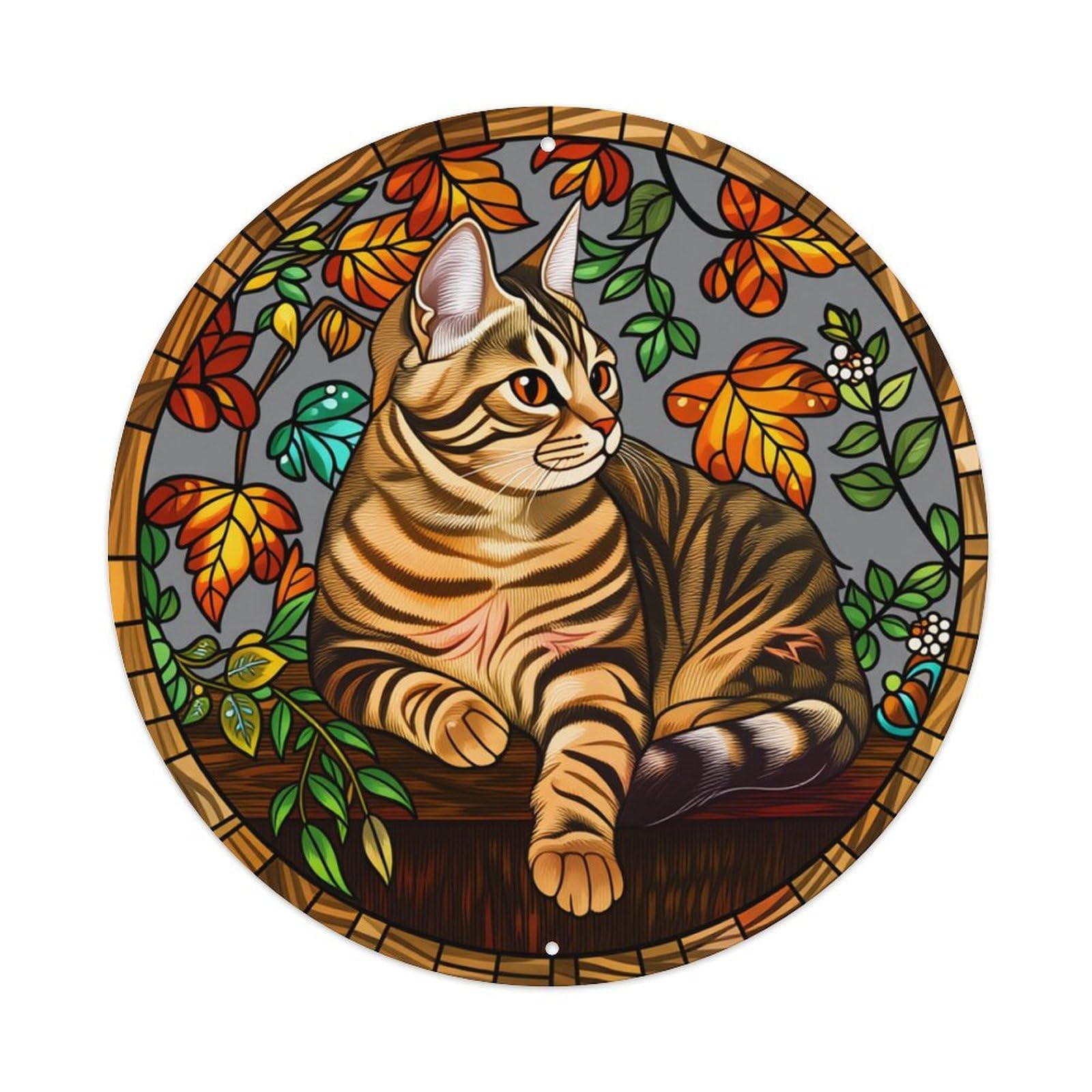 Cat Autumn Leaves Round Tin Sign Vintage Metal Poster Retro Bar, Home, Man Cave, Kitchen, Laundry Room Wall Art Decor Gift 8x8Inch