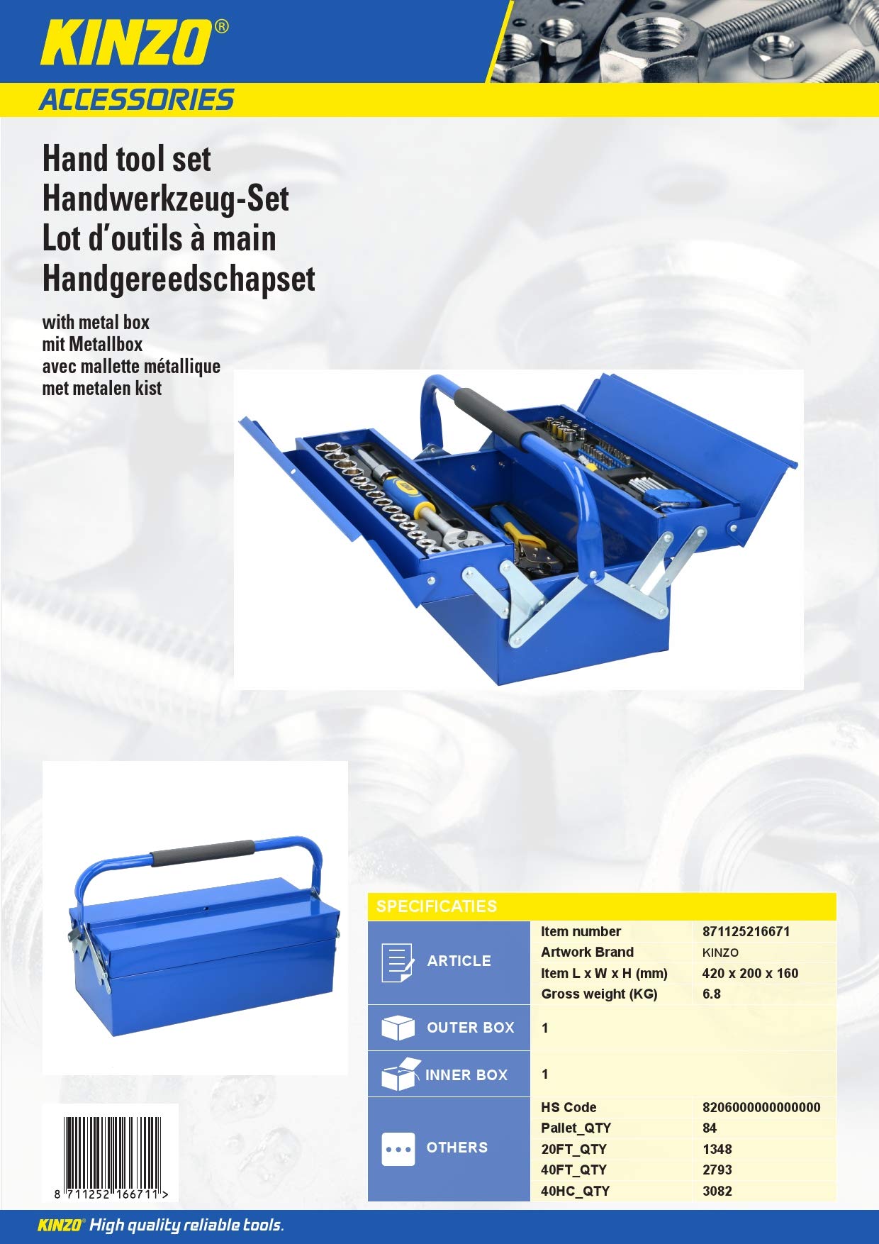 KINZO Maletín de herramientas de 64 piezas, herramientas domésticas en caja de herramientas de metal, acero CRV, color azul