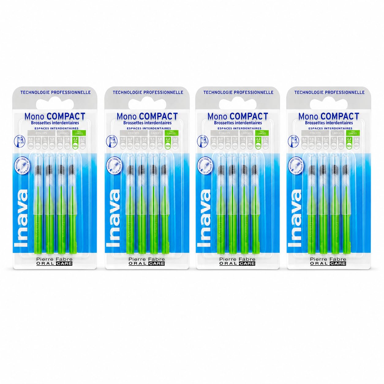 Mono Compact Brossettes Interdentaires Vertes ISO 6 – 2,2 mm – Lot de 4 Boîtes – 16 Brossettes – Espaces Interdentaires Très Larges – Préparé par Parapharmaquiet