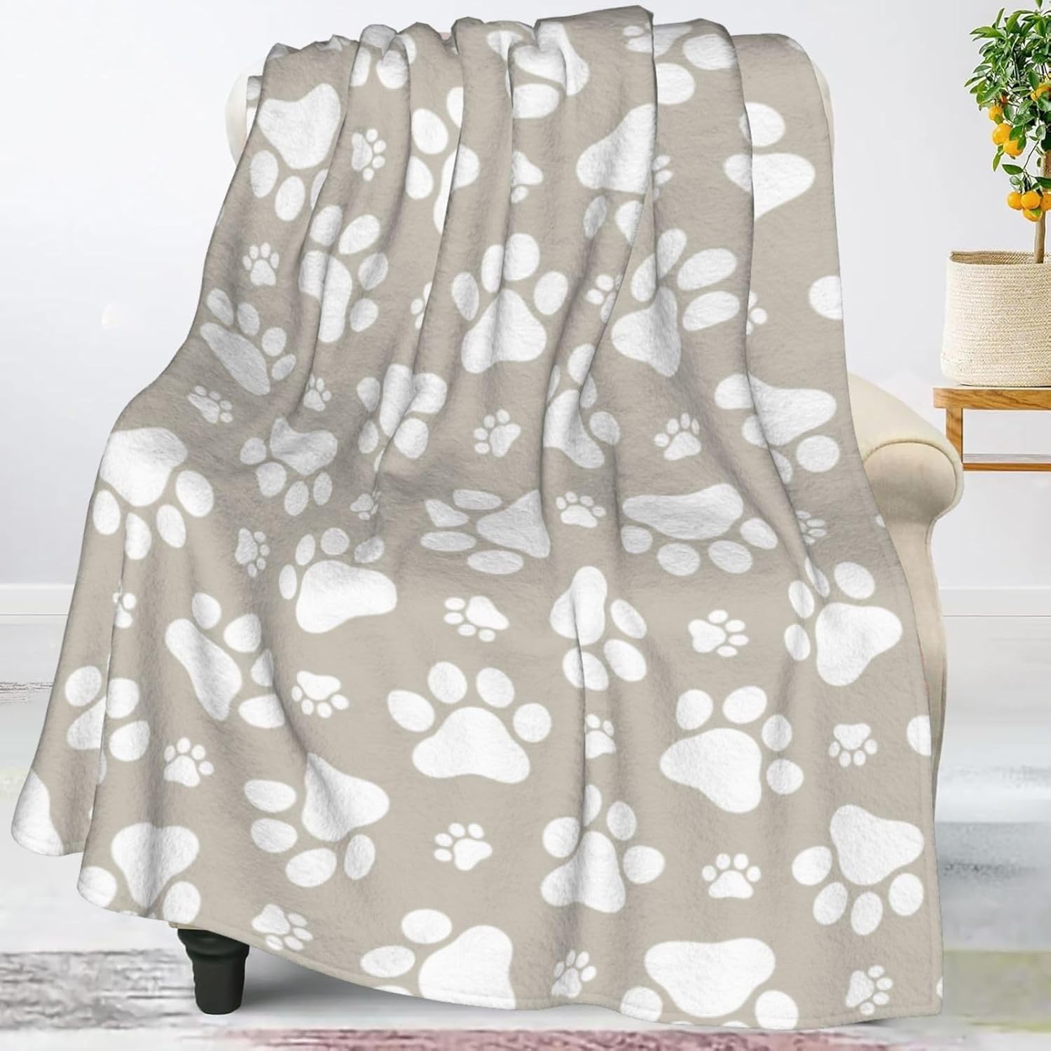 Cute Dog Paws Beige Throw Blankets Ultra Soft Fleece Blanket for Sofa Couch Camping Travel Lightweight & Warm Puppy Animal Footprint Bed Blanket for All Seasons Home Decor, 50"X40"