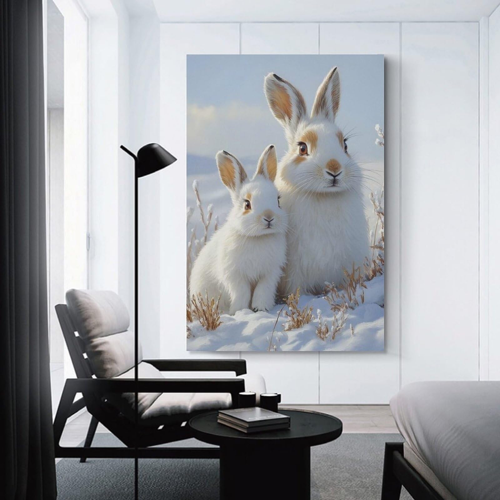 Junmoney Unframe-Style-20-1 Two White Rabbits In Snowy Field Canvas Wall Decor, 20X30inch(50X75cm), For Apartment Walls, Studios Or Work Areas, Decorative Canvas Decor For Home Updates