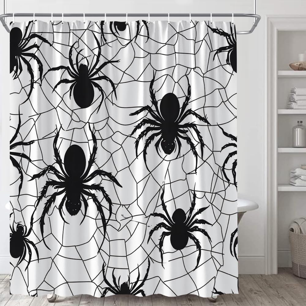 Gothic Spider Shower Curtain Hooks - Set Of 12 Black Metal Spider Web Decor