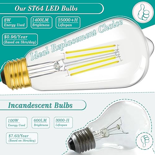 Miniatura 3 de Paquete de 4 bombillas LED Edison ST64 vintage de 8 W, equivalente a 100 W, 1400 lúmenes, 5000 K, luz blanca diurna, bombillas de filamento con base
