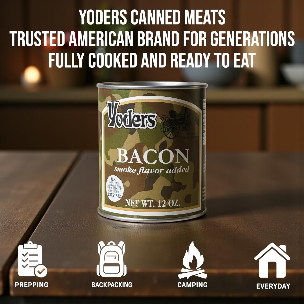 Yoder's Canned Fully Cooked Bacon Long-Term Storage – Shelf Stable Meat – Ready to Eat Emergency Food Supply – 10-Year Shelf Life – Precooked Bacon, 60–70 Slices per 12 oz Can, Single Can