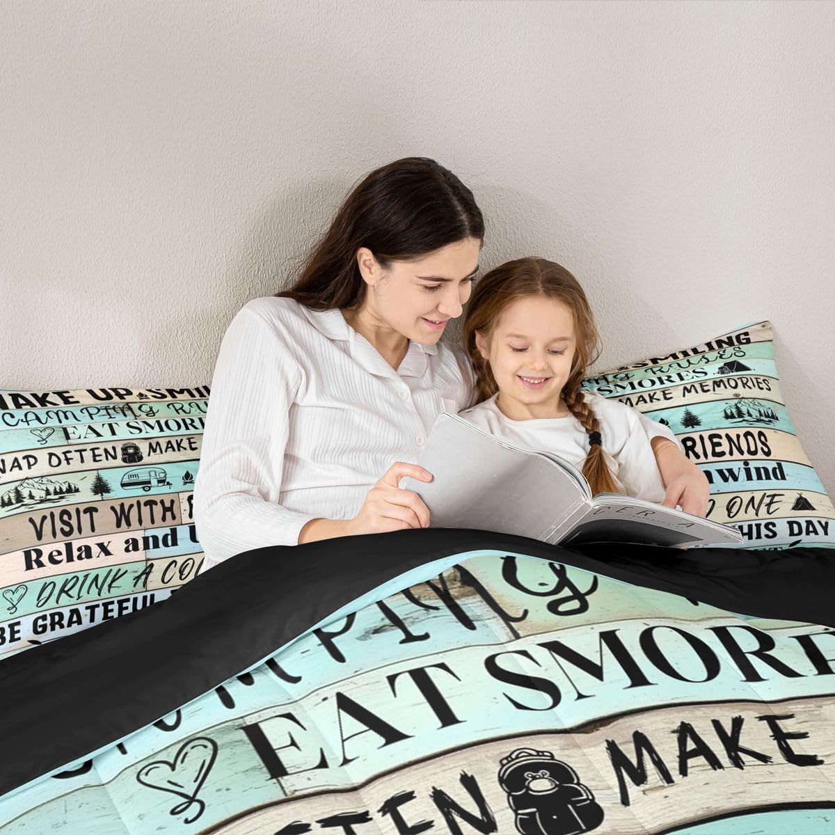 Erosebridal Camping Rules Comforter Set Queen Size, Camper Decor Bedding Set for Travel Trailers, Rustic Farmhouse Bedding Comforter Sets Vintage Wooden Plank Duvet Insert with 2 Pillow Cases