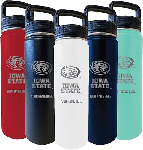 Botella de agua personalizada de acero inoxidable de 24 onzas grabada con aislamiento de doble pared y grabado con nombre, multicolor