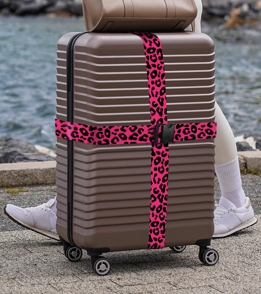Image of WIRESTER Set of 2 Adjustable Luggage Straps with Buckle, Travel Secure Belt for Suitcase Baggage, Luggage Accessories - Black Hot Pink Leopard