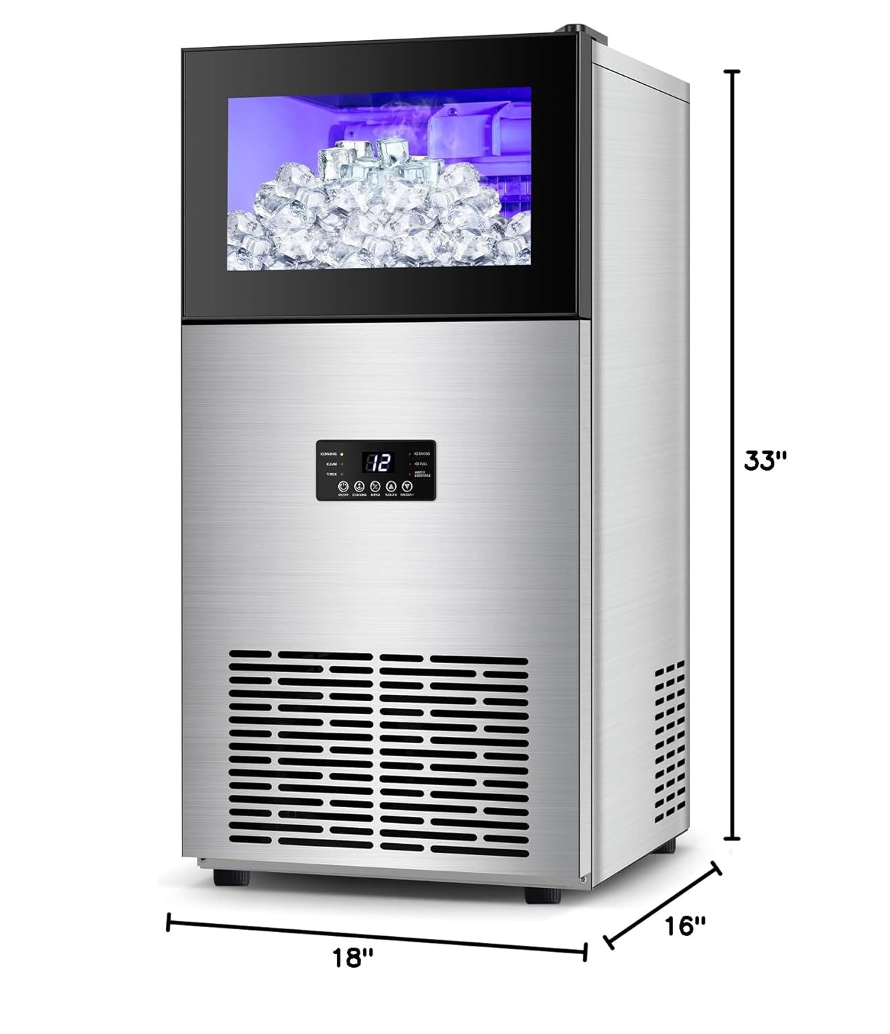 Dimensions of the SOZT Ice Maker: 18 inches wide, 16 inches deep, 33 inches high.