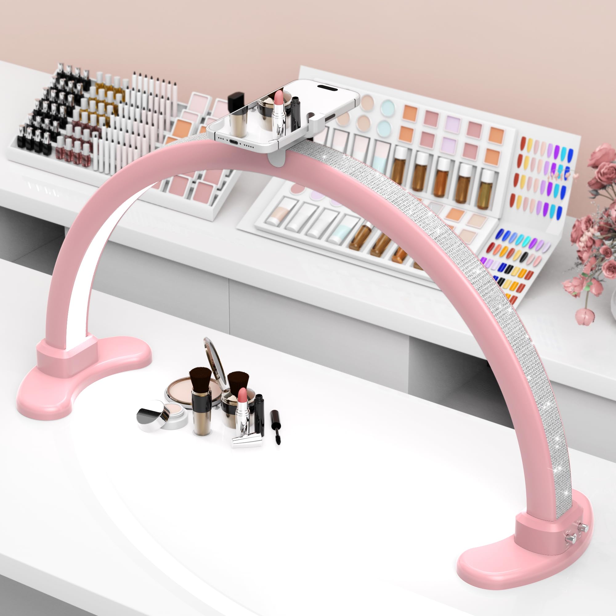 Grande luce LED a mezza luna per lampada da tavolo per unghie, luce ad arco per nail tech, con supporto per telefono, perfetta per manicure tecnologica per unghie (rosa)