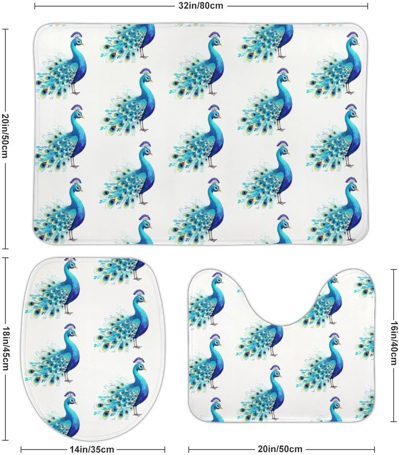 Anti-Skid Floor Mats 3 Piece Set,Cartoon Blue Peacock Printed Coral Fleece Bathroom Mats U-Shaped Contour Mat Toilet Seat Cover for Bathroom, Tub, Shower, Kitchen 19.7"x31.5"