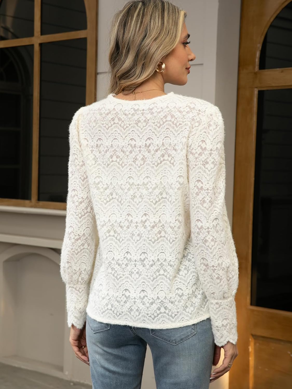 Lace Tops for Women Dressy Casual Blouses Puff Long Sleeve V Neck Button Down Business Work Shirts - Image 6