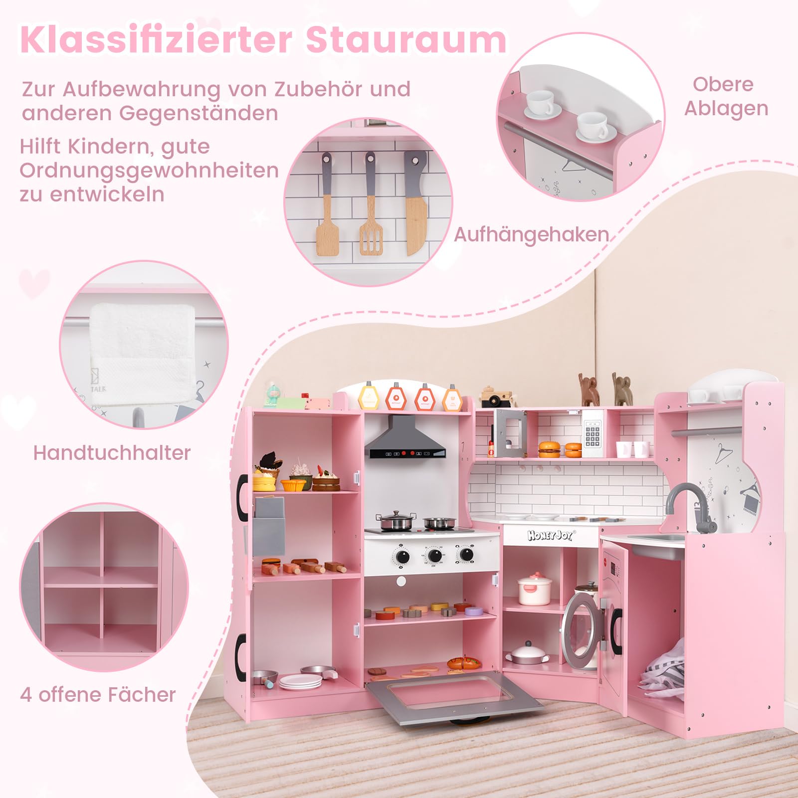 COSTWAY Kinderküche Eck, Spielküche mit Licht & Sound, Kinderspielküche mit Spüle, Eismaschine, Backofen & Kochgeschirr, Holzküche Spielzeugküche für Kinder ab 3 Jahren (Rosa)