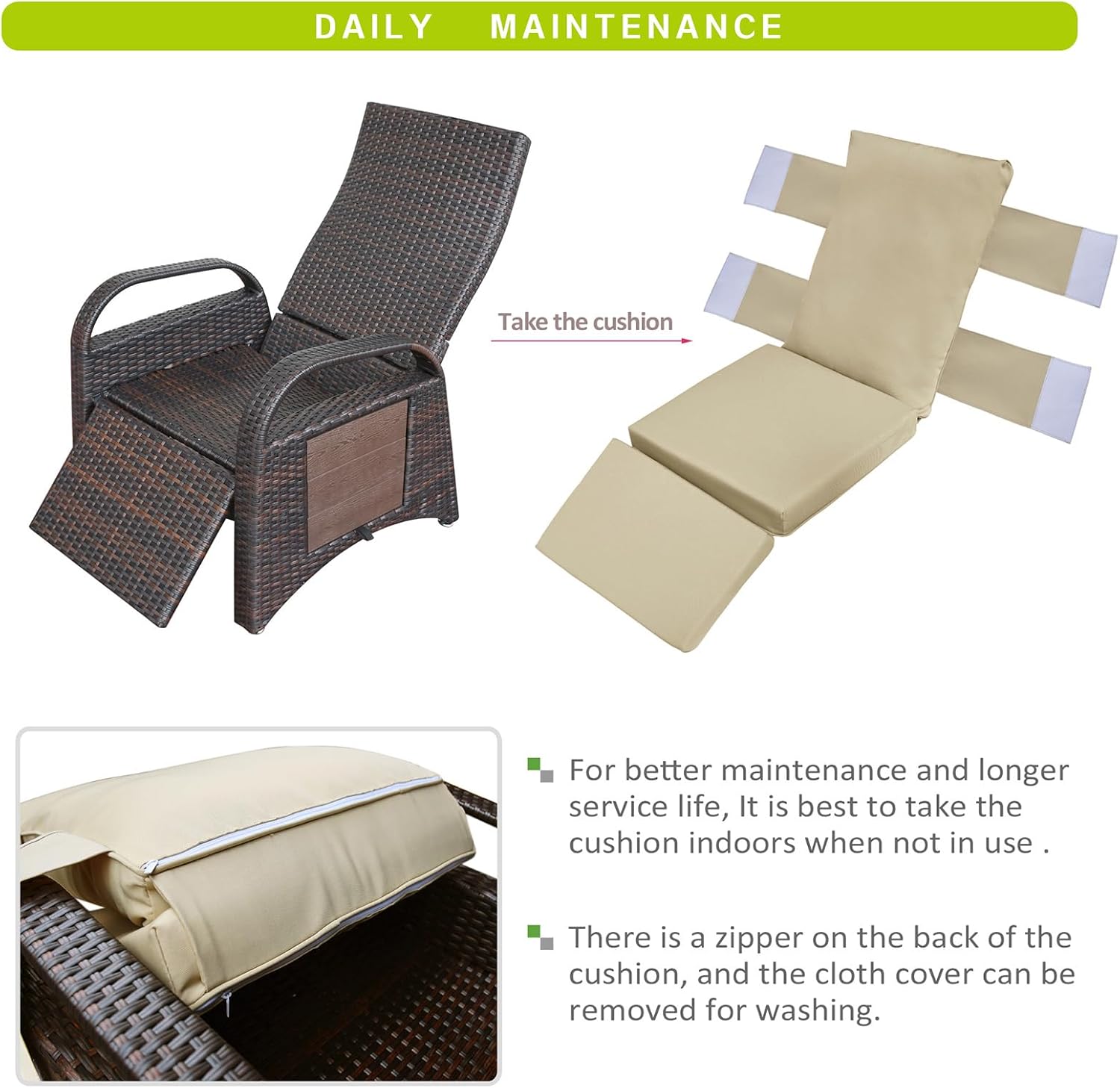 Skypatio Indoor/Outdoor Wicker Recliner Chair, Adjustable Backrest Patio Recliner Lounge Chair with Flip Side Table, Footrest and Soft Cushion(Khaki)