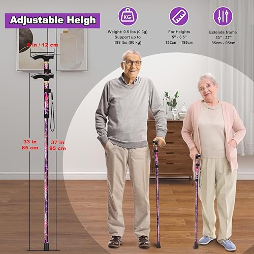 Miniatura 3 de MFE Bastón plegable, portátil de 5 niveles de altura ajustable con diseño plegable, correa de muñeca y mango en T para hombres y mujeres