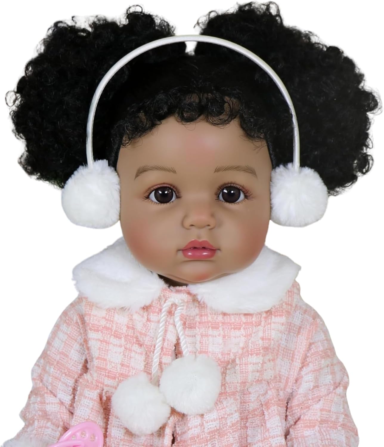 Snowy Poms – 22” African American Reborn Toddler Girl Doll, Lifelike Full Vinyl Posable Body with Rooted Curly Hair, Pink Winter Outfit, Magnetic Pacifier, Bottle & Shoes - Kids Ages 3+