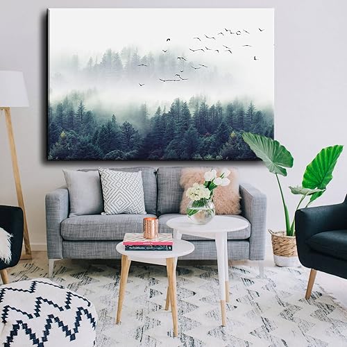 Miniatura 3 de Looife Lienzo decorativo para pared, 36 x 24 pulgadas, diseño de árboles verdes brumosos, arte enmarcado estirado, póster envuelto con paisaje