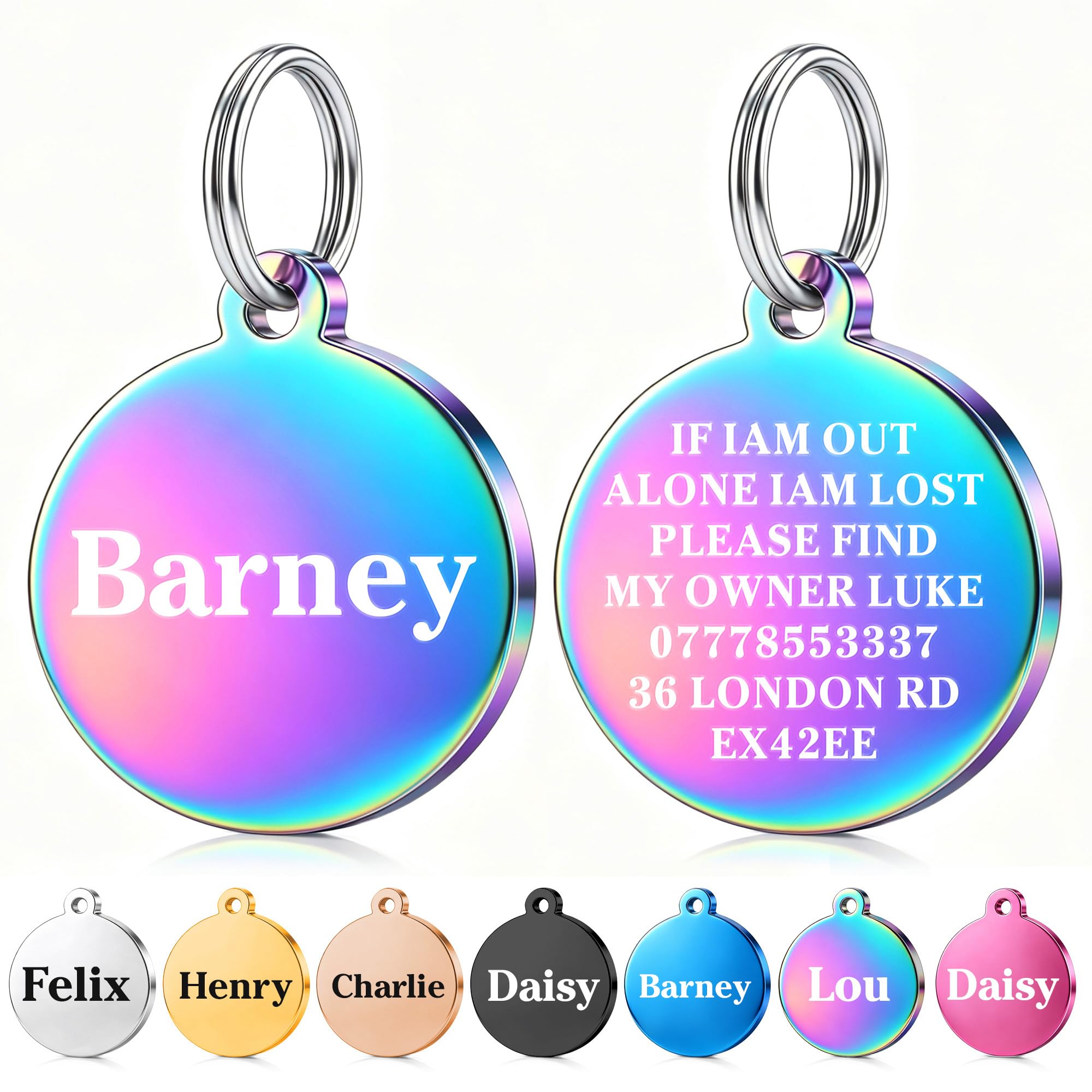 Dog Tags for Pets Engraved UK Personalised Dog Tag ID Name Tags for Cat Puppy Pet Collar Double Sided Deeply Laser Engraved Stainless Steel Identify Tags (Iridescent(Round), L)