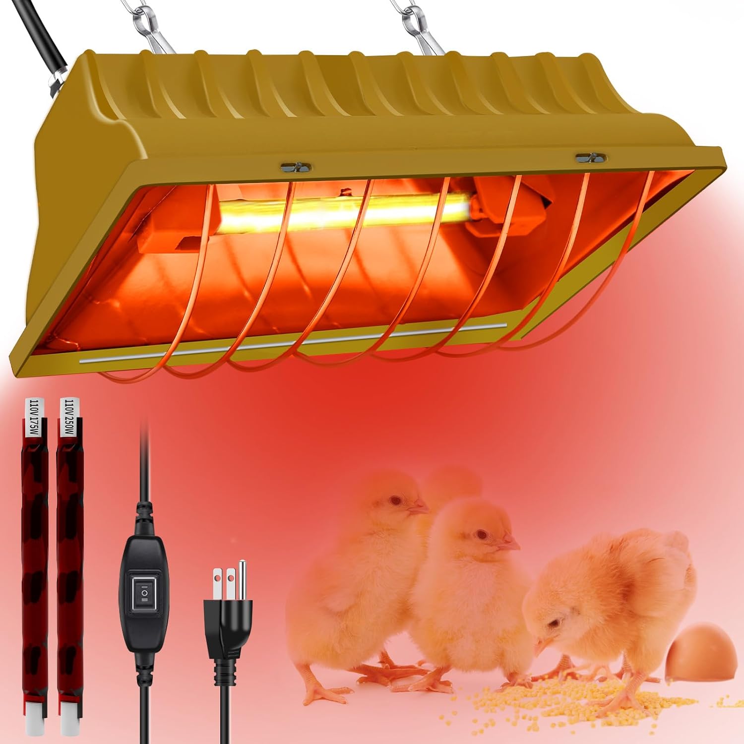 chicken coop heating lamp brooder 250w, adjustable heating temperature and hanging height, with aluminum alloy lampshade, suitable for poultry indoor heater (gold)