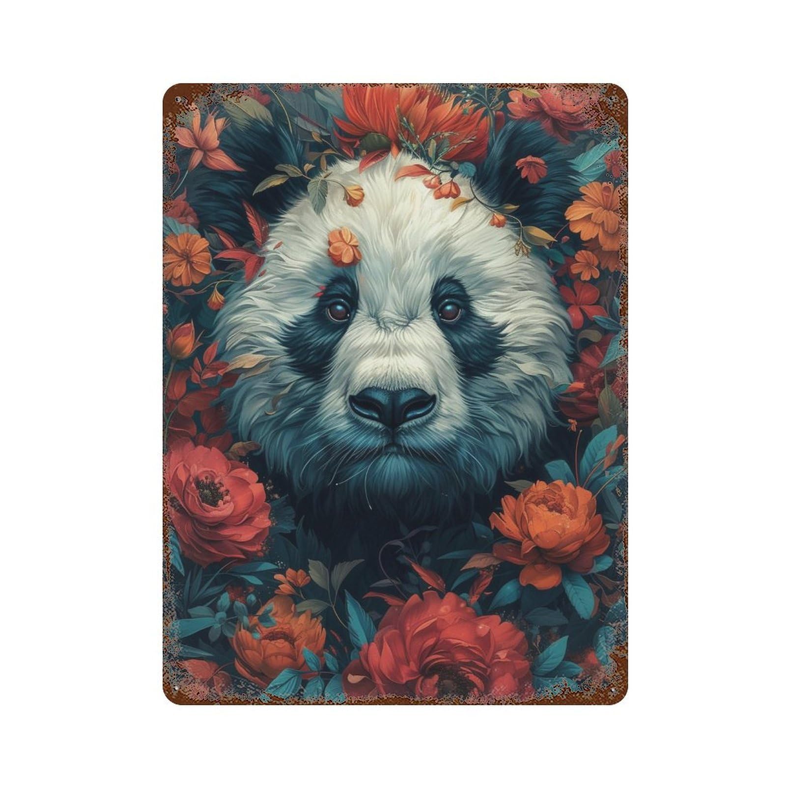 Panda in Flowers Decorative Tin Sign 15.7"x11.8", Shabby Chic Decor for Garage, Pub Or Kitchen