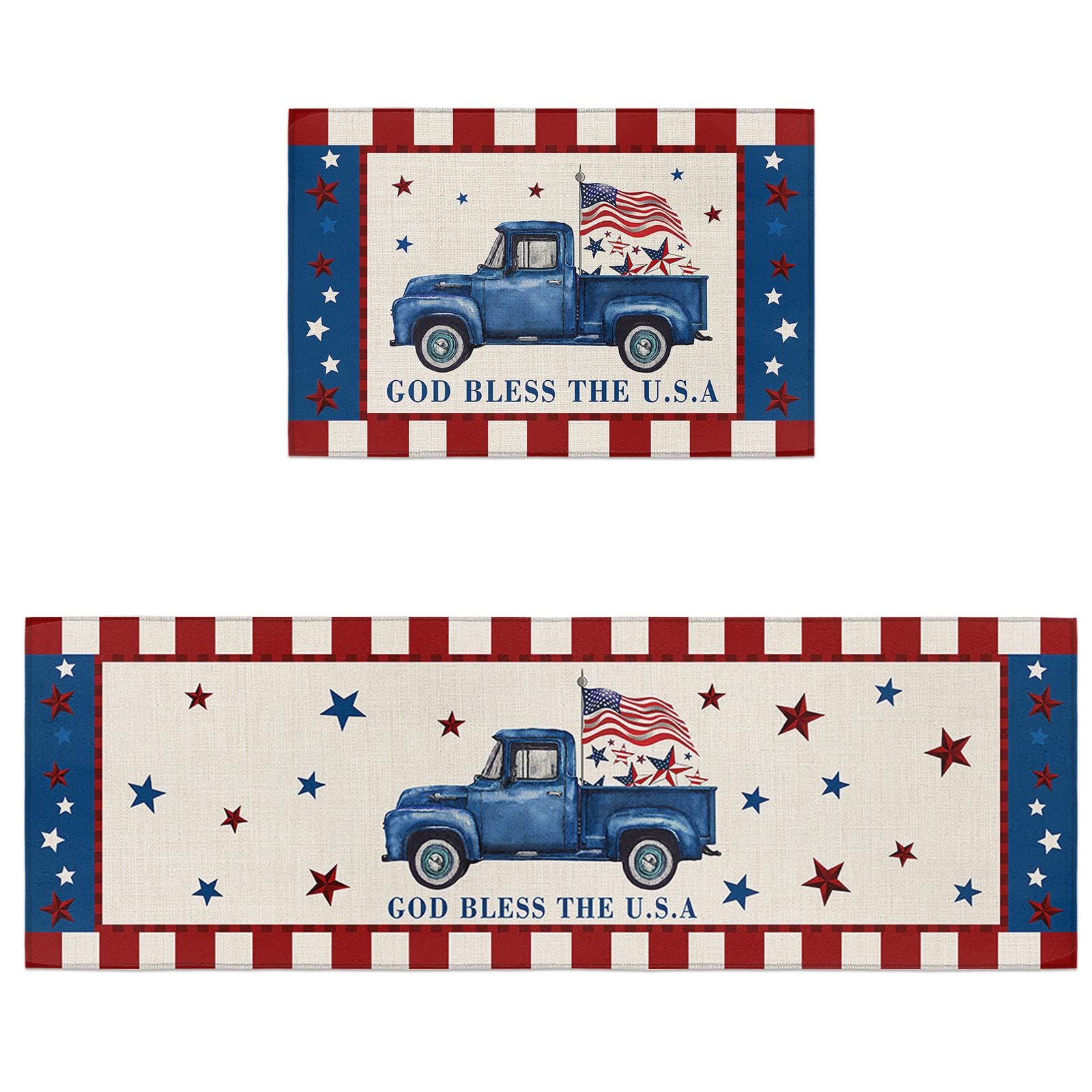 Kitchen Rug Mats Set of 2 Piece American Truck Non Slip Cushioned Rug Stars Farmhouse Stripes Anti-Fatigue Washable Comfort Floor Mat Carpets 4th of July Patriotic Liberty Decorations for Home Kitchen