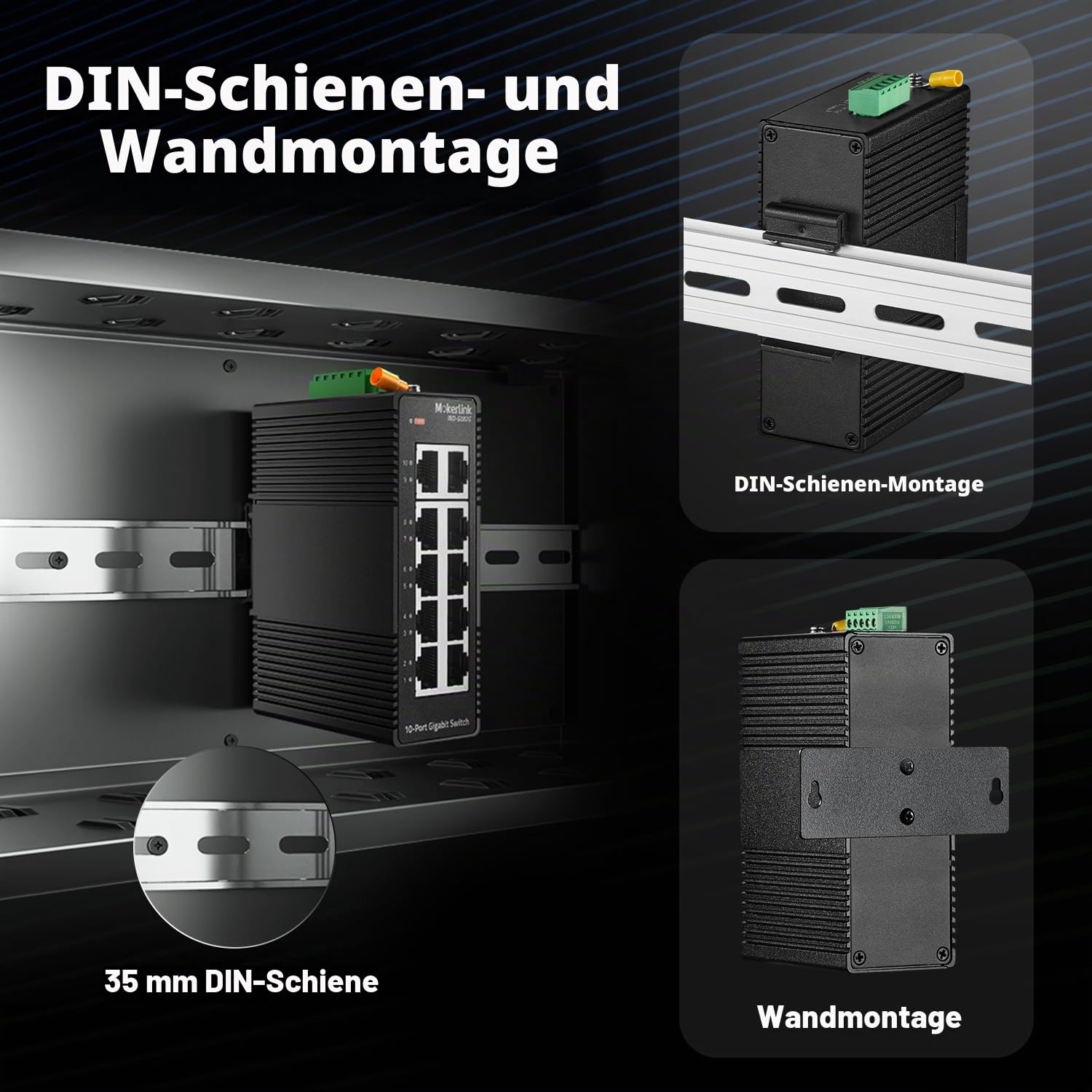 MokerLink 10 Port Gigabit Industrial DIN-Rail Ethernet Switch, Unmanaged IP40 Netzwerk-Switch (-40 bis 185°F), Mini-Format, mit Netzteil